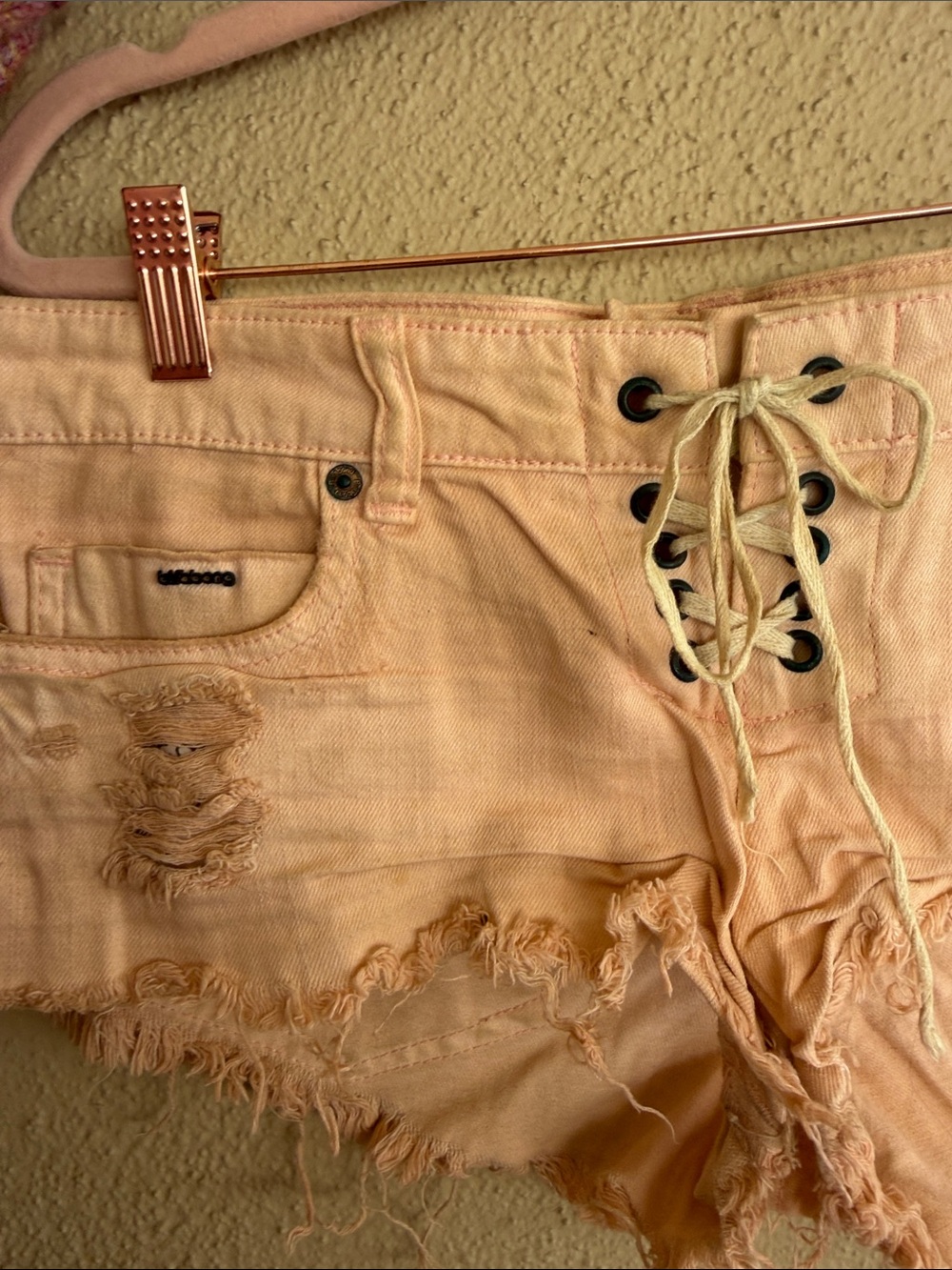 Peach Pink Lace-Up Distressed festival Denim Shorts - Picture 4 of 6